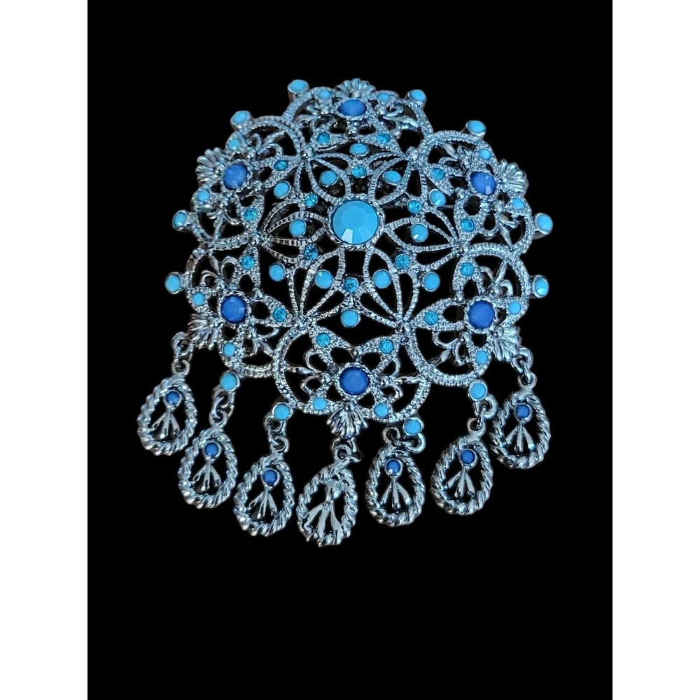 Joan Rivers Turquoise Blue Swarovski Crystal Filigree Brooch Pin Vintage